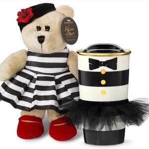 🆕 NEW Alice + Olivia x Starbucks Black White Stripe Ceramic Tumbler Teddy Bear